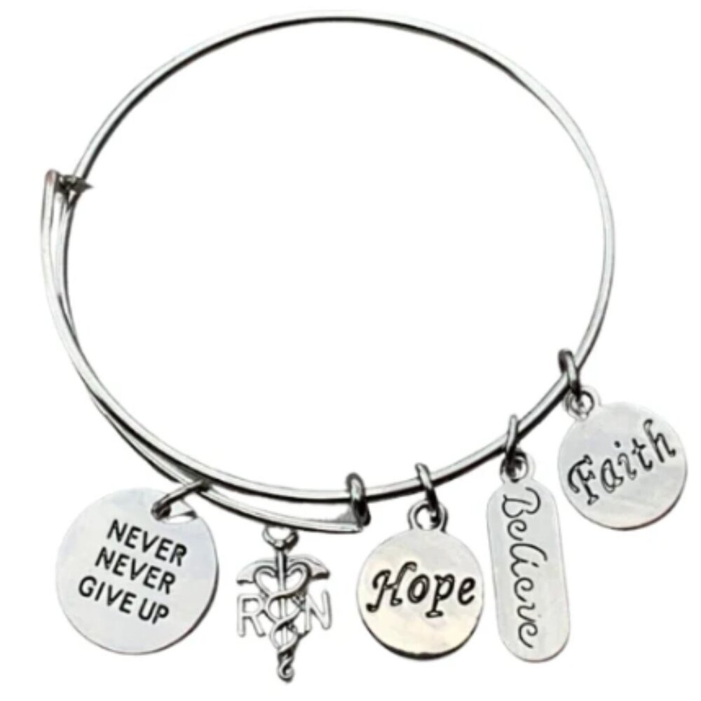 Nurse Charm Bangle Bracelet, Never Give Up, Hope, Believe, Faith Bracelet